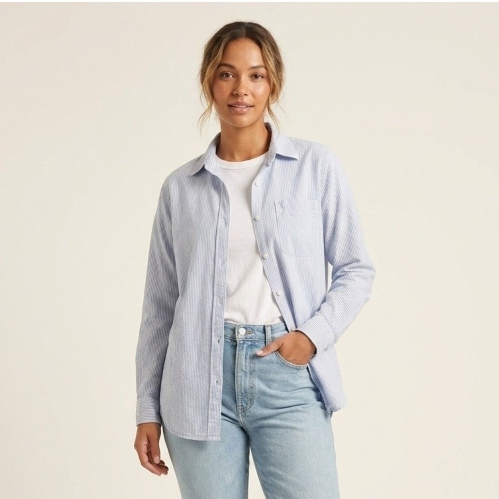 RL Denim & Supply Shirts Women M L Blue White Striped Cotton Lot 2pc